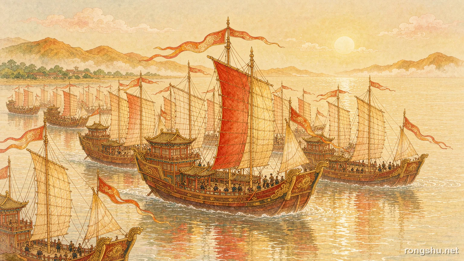 A great fleet of Chinese treasure ships with crimson sails on a bright golden sea - Chinese history illustration