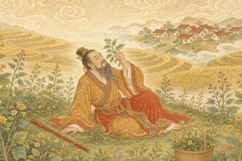 A bearded man in ochre and vermilion robes kneeling in a meadow of many wild herbs, holding a plant up to his face, a red whip and a basket beside him, with warm terraced fields and a small village beyond - illustration for the Chinese myth of Shennong