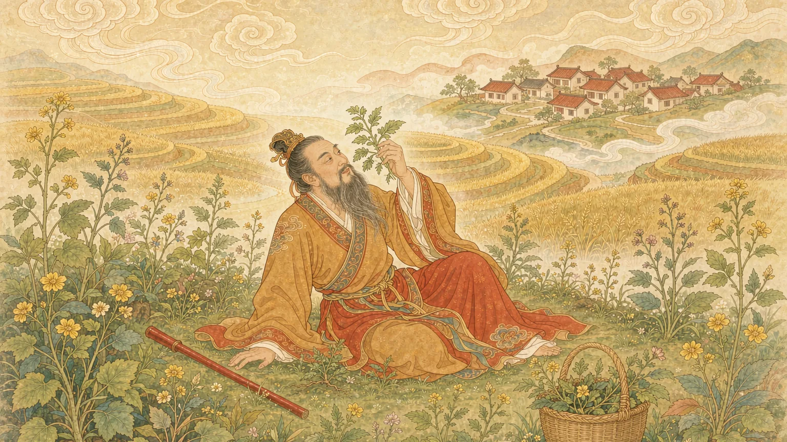 A man kneels among wild herbs holding a plant to his face - Chinese mythology illustration