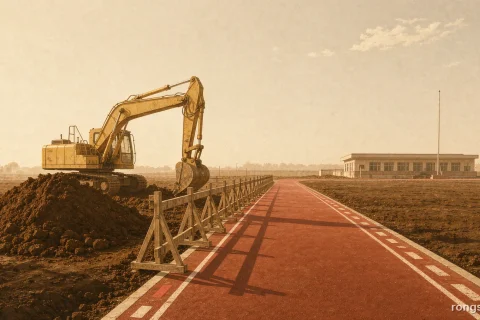Illustration for a Chinese true crime story: a yellow excavator beside an open pit of turned soil at the edge of a red running track at a Chinese county middle school, warm late afternoon light, no people