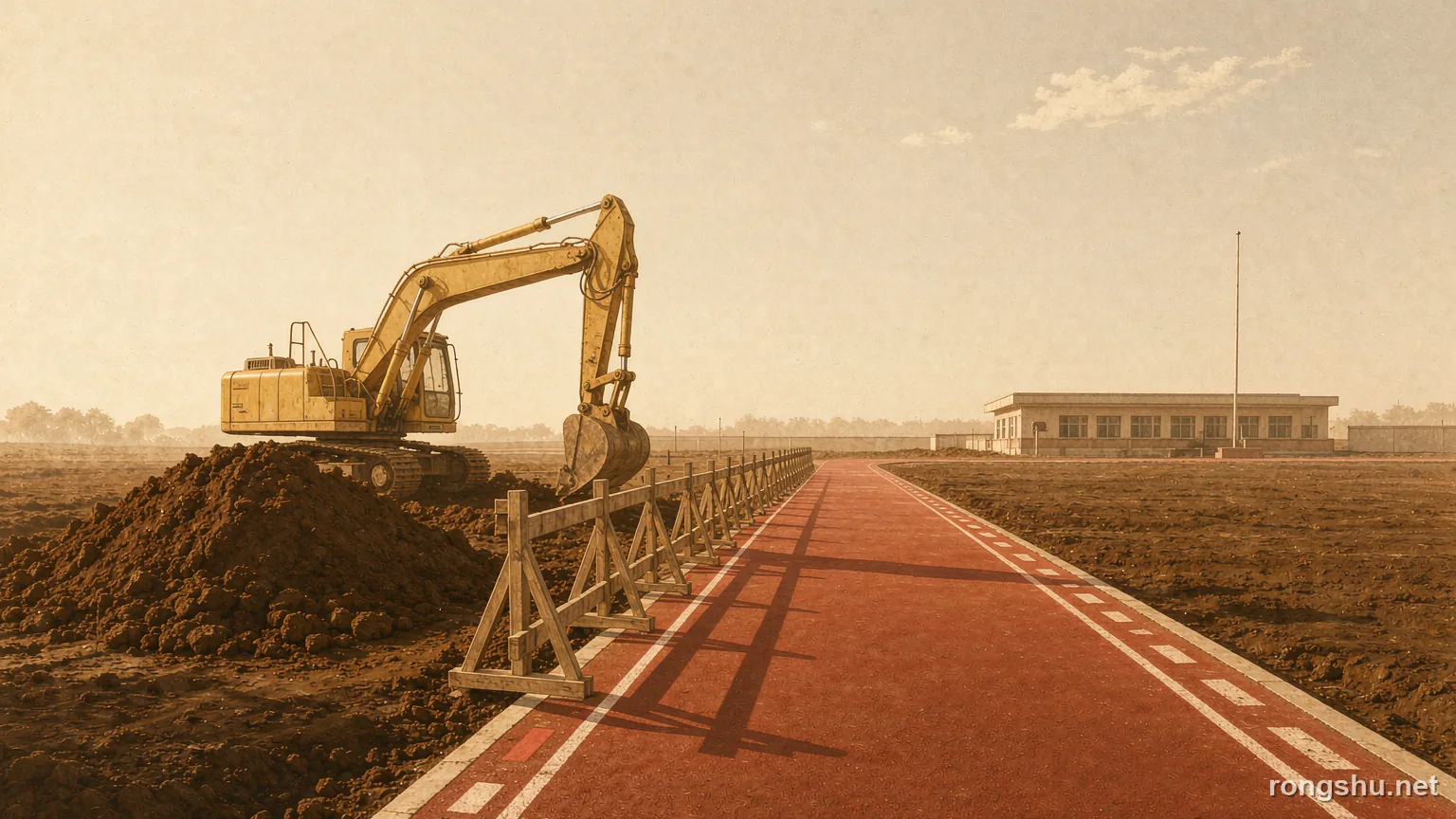 An excavator beside an open pit of soil at the edge of a red school running track in warm afternoon light - Chinese true crime illustration