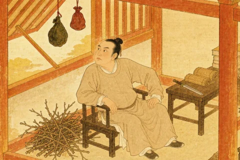 A king in plain robes seated in a warm sunlit hall, a bitter gall bladder hanging from the beam above him and a pile of dry brushwood on the floor beside him - illustration for the Chinese idiom wo xin chang dan