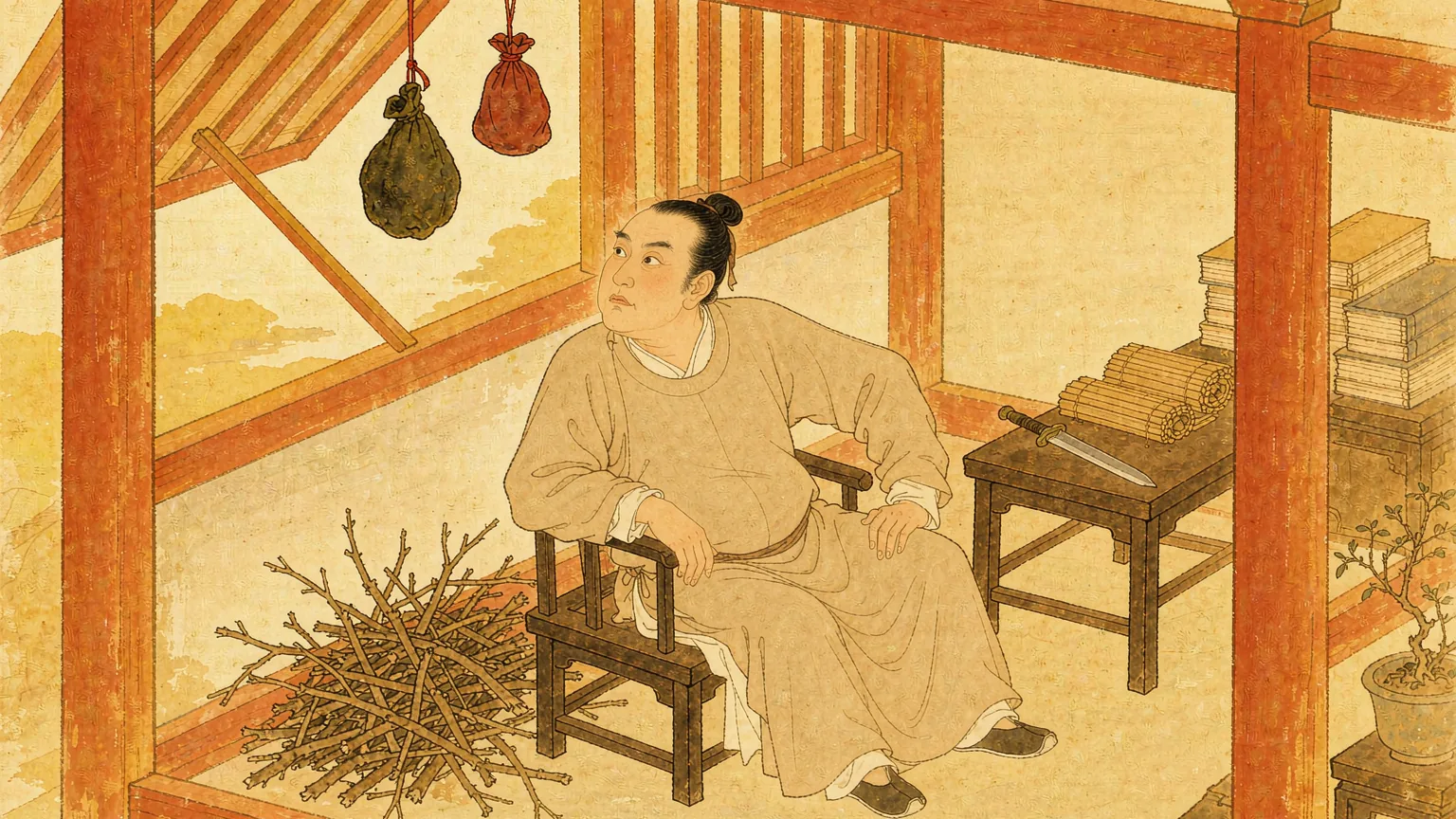 A king in plain robes in a warm sunlit hall with a bitter gall bladder hanging above him - Chinese idiom story illustration
