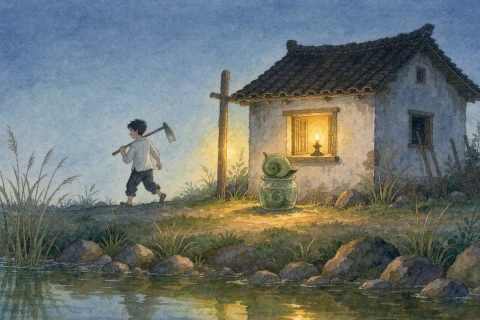 A young man's small house by a river at dusk, with a warm lamp lit in the window and a green snail shell on the sill - Chinese bedtime story illustration