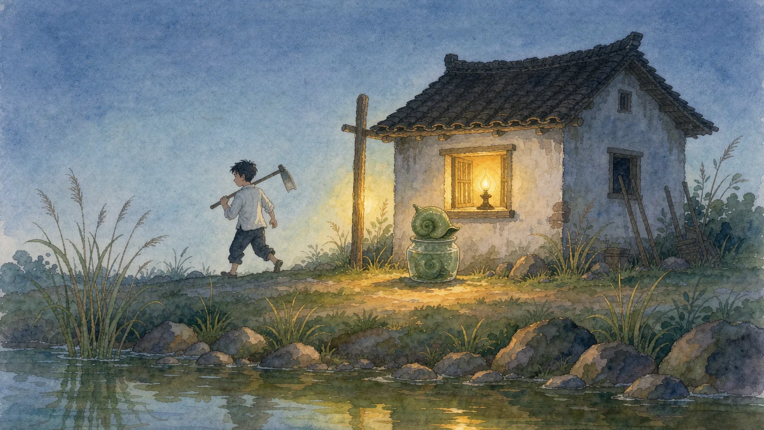 A young man's small house by a river at dusk, with a warm lamp lit in the window and a green snail shell on the sill - Chinese bedtime story illustration