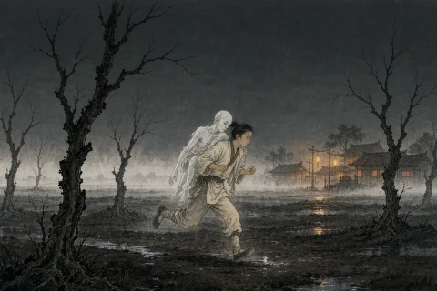 A young man in Han-era travelling clothes running at dawn toward the lantern lights of a market town with a pale weightless figure on his back, one set of footprints in the wet grass behind them - illustration for the Chinese ghost story Song Dingbo Sells a Ghost