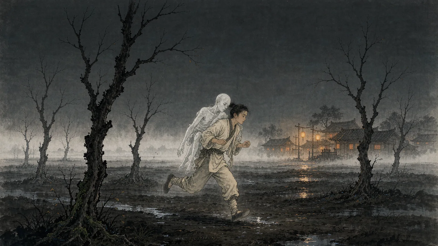 A young man running at dawn with a pale figure on his back - Chinese ghost story illustration