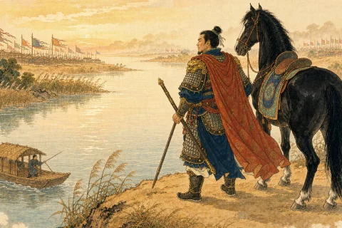 A warrior in armour with a flowing red cloak standing beside his black horse on a wide riverbank at warm golden sunrise, a small ferry boat waiting, distant banners in the haze - illustration for the Chinese idiom si mian chu ge