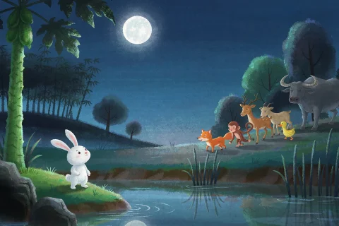 A moonlit pond in the Chinese countryside with a small white rabbit at the water's edge, a papaya tree, and a line of small animals following a calm old water buffalo along the bank - Chinese bedtime story illustration