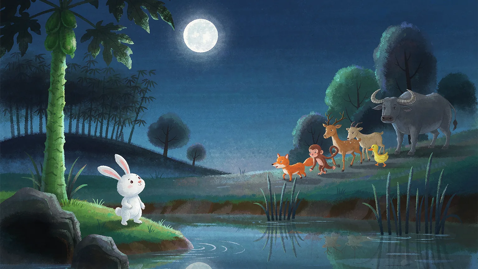 A moonlit pond with a small white rabbit and a chain of animals following an old water buffalo - Chinese bedtime story illustration