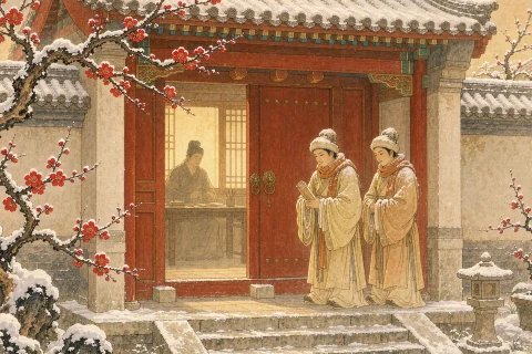 Two scholars in thick warm winter robes standing with snow on their shoulders outside a closed wooden gate of a scholarly compound, plum blossoms and a bright snowy courtyard - illustration for the Chinese idiom cheng men li xue