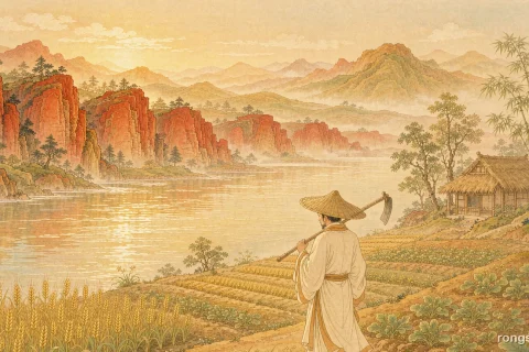 Illustration for a Chinese historical figure story: a Chinese scholar in a cream robe and wide bamboo hat carrying a hoe on a sunny sloping field of wheat above a broad river, red cliffs and misty hills beyond, a thatched hall nearby