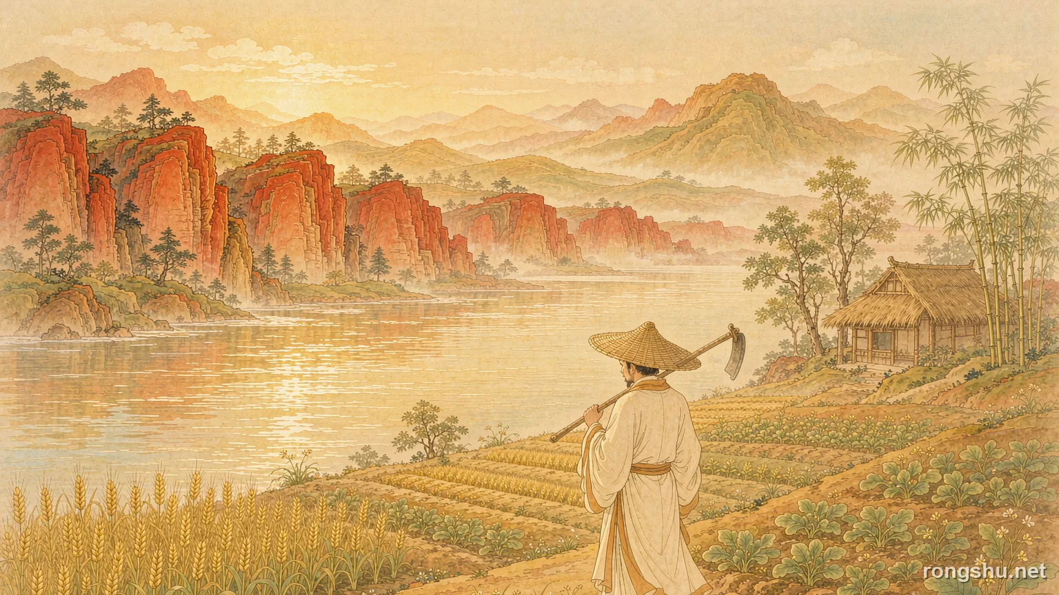 A Chinese scholar in a cream robe and wide bamboo hat carrying a hoe on a sunny wheat field above a wide river, red cliffs beyond - Chinese historical figure illustration