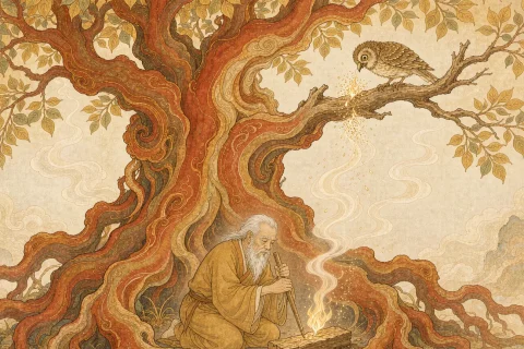 A bearded sage in ochre robes kneeling at the foot of a vast ancient tree and drilling a pointed stick into dry wood, while an owl-like bird above him pecks the branch and throws off bright sparks, thin smoke and a small flame rising - illustration for the Chinese myth of Suiren, who learned fire from a bird