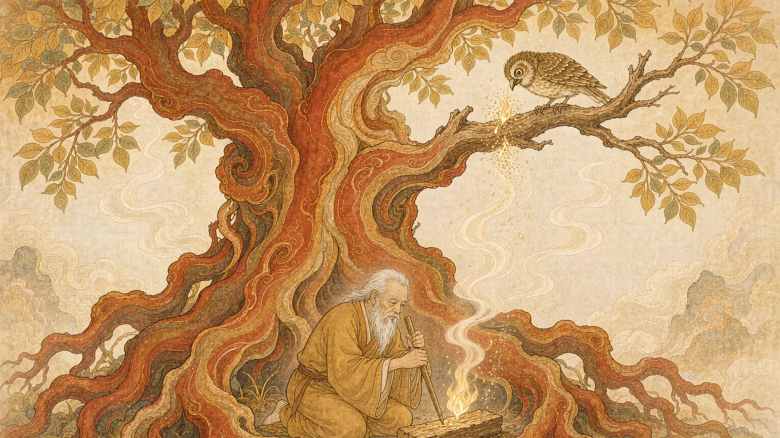 Suiren drilling fire at the foot of the Burning Tree - Chinese mythology illustration