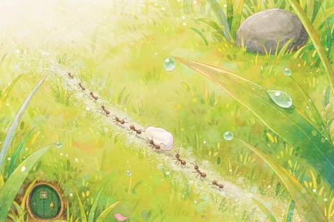 A long line of tiny ants carrying one white grain of rice across a sunny green meadow toward a small round door in the grassy hill, with dew on the grass and pink petals nearby, in warm daylight - Chinese bedtime story illustration