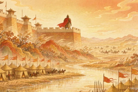 Illustration for a Chinese history story: a bright river-town wall in golden morning light with a single cloaked figure looking south, two facing camps of tents and banners along a shallow river, and a treed mountain slope beyond