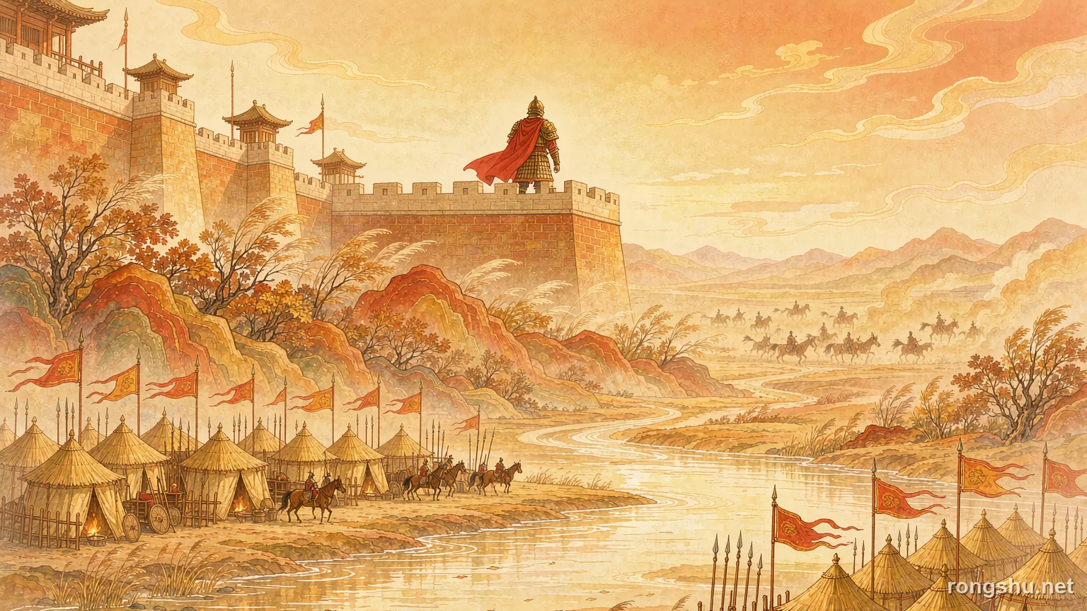 A wall above the Feishui at dawn with two facing camps - Chinese history illustration
