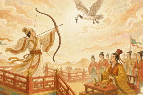 A robed archer on a high terrace drawing a bow with no arrow, a lone wild goose tumbling out of a bright sky, a king watching in astonishment - illustration for the Chinese idiom jing gong zhi niao
