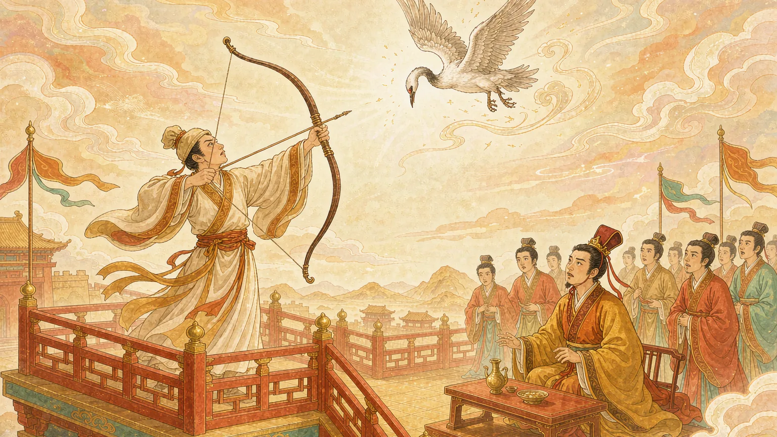 An archer on a high terrace drawing a bow with no arrow as a wild goose tumbles from the sky - Chinese idiom story illustration