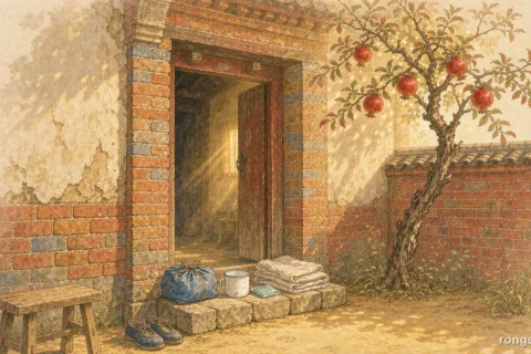 Illustration for a Chinese life story: a small worn blue cloth bundle, an enamel mug and a folded stack of clothes on the stone step of an old brick farmhouse door, a pomegranate tree with red fruit in the courtyard, a wooden stool and a pair of cloth shoes, warm morning sunlight on the wall, no people, no text