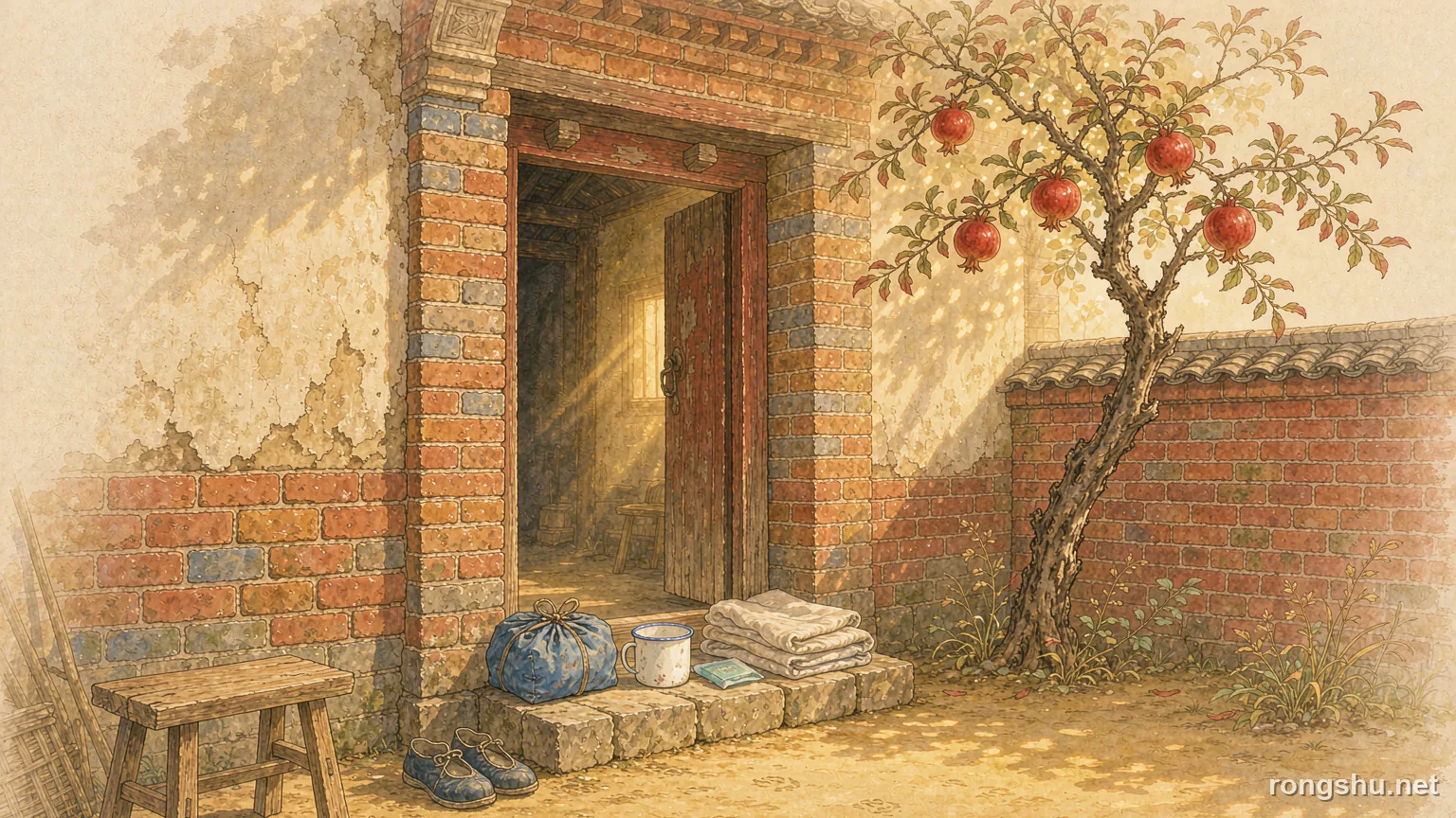 A blue cloth bundle, an enamel mug and folded clothes on the doorstep of an old village house with a pomegranate tree in the yard - Chinese life story illustration