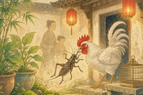 A small grey-brown cricket leaping up at the red comb of a white rooster in a sunlit Chinese courtyard, with a woven bamboo cricket cage on a stone bench and warm red lanterns overhead - illustration for the Chinese ghost story The Boy Who Became a Cricket