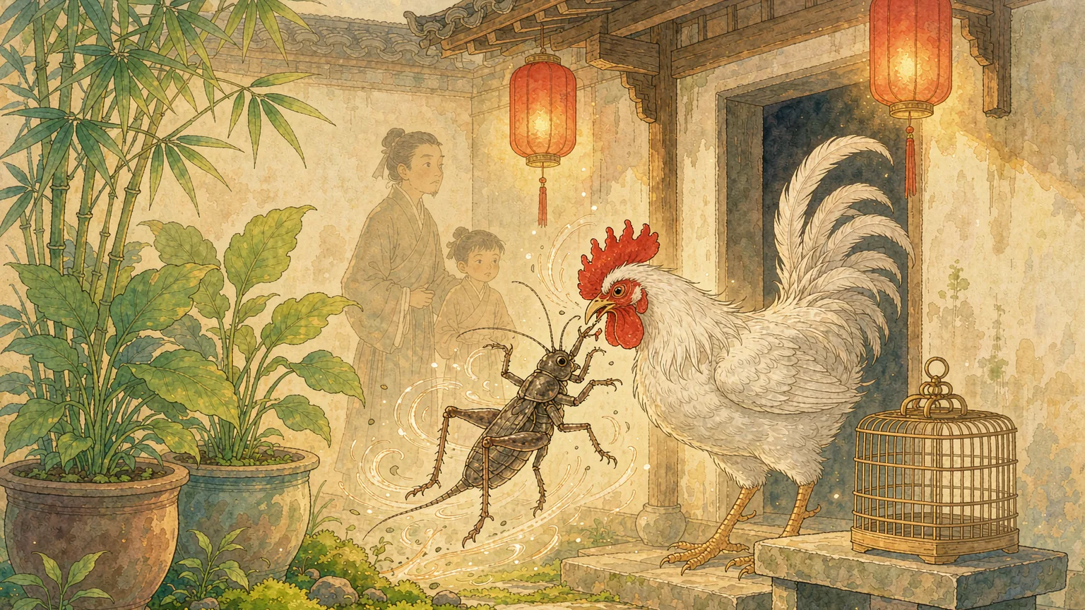 A small grey-brown cricket leaping at the red comb of a white rooster in a sunlit Chinese courtyard, with warm red lanterns overhead - Chinese ghost story illustration