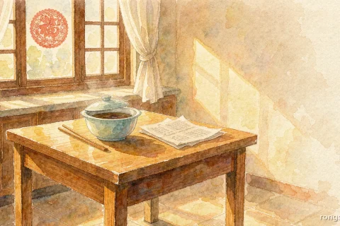 Illustration for a Chinese family life story: a wooden dining table in a sunlit kitchen of a county town, with a bowl of steaming soup, a pair of chopsticks, and a page torn from a ledger
