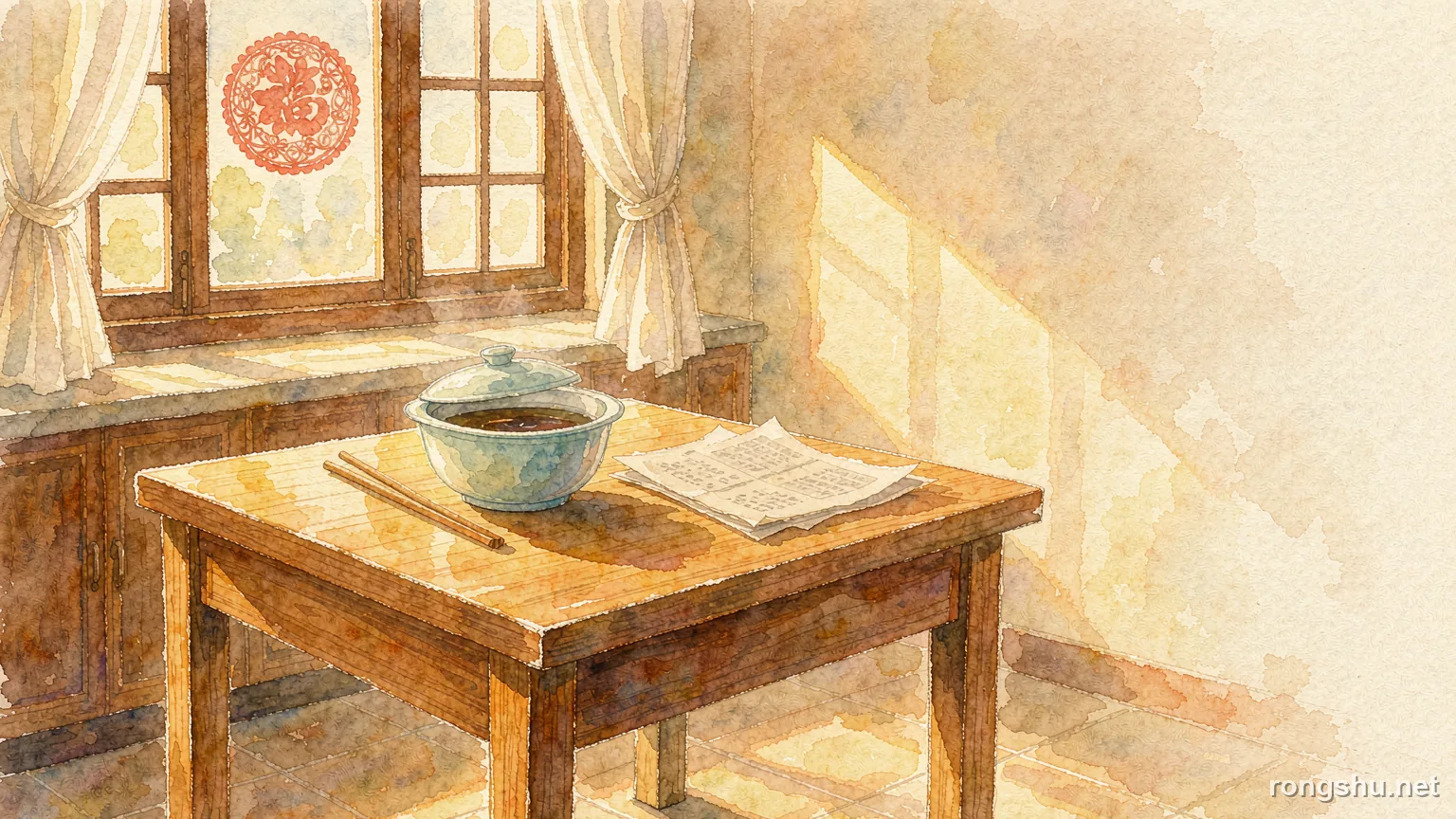A sunlit kitchen table in a small county town, with a bowl of hot soup, chopsticks, and a page torn from a ledger - Chinese life story illustration