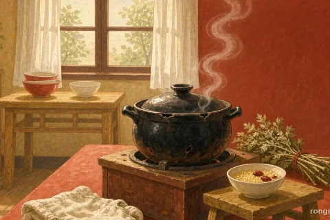 Illustration for a Chinese life story: a chipped black clay pot steaming on a small stove in a sunlit kitchen, a bundle of dried mugwort tied with red thread, a bowl of millet porridge with red dates, and a folded cloth diaper on a low stool, warm morning light, no people