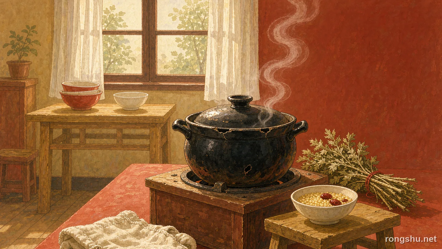 Illustration for a Chinese life story: a chipped black clay pot on a warm sunlit kitchen stove with steamed millet porridge and dried mugwort - Chinese life story illustration