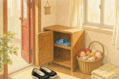 Illustration for a Chinese life story: a pair of handmade black cloth shoes with white soles on a warm wooden floor inside a city flat, a low wooden shoe cabinet with a blue plastic slipper on the shelf, a rattan basket of soft toys and a potted plant, honey sunlight on the floorboards, no people, no text