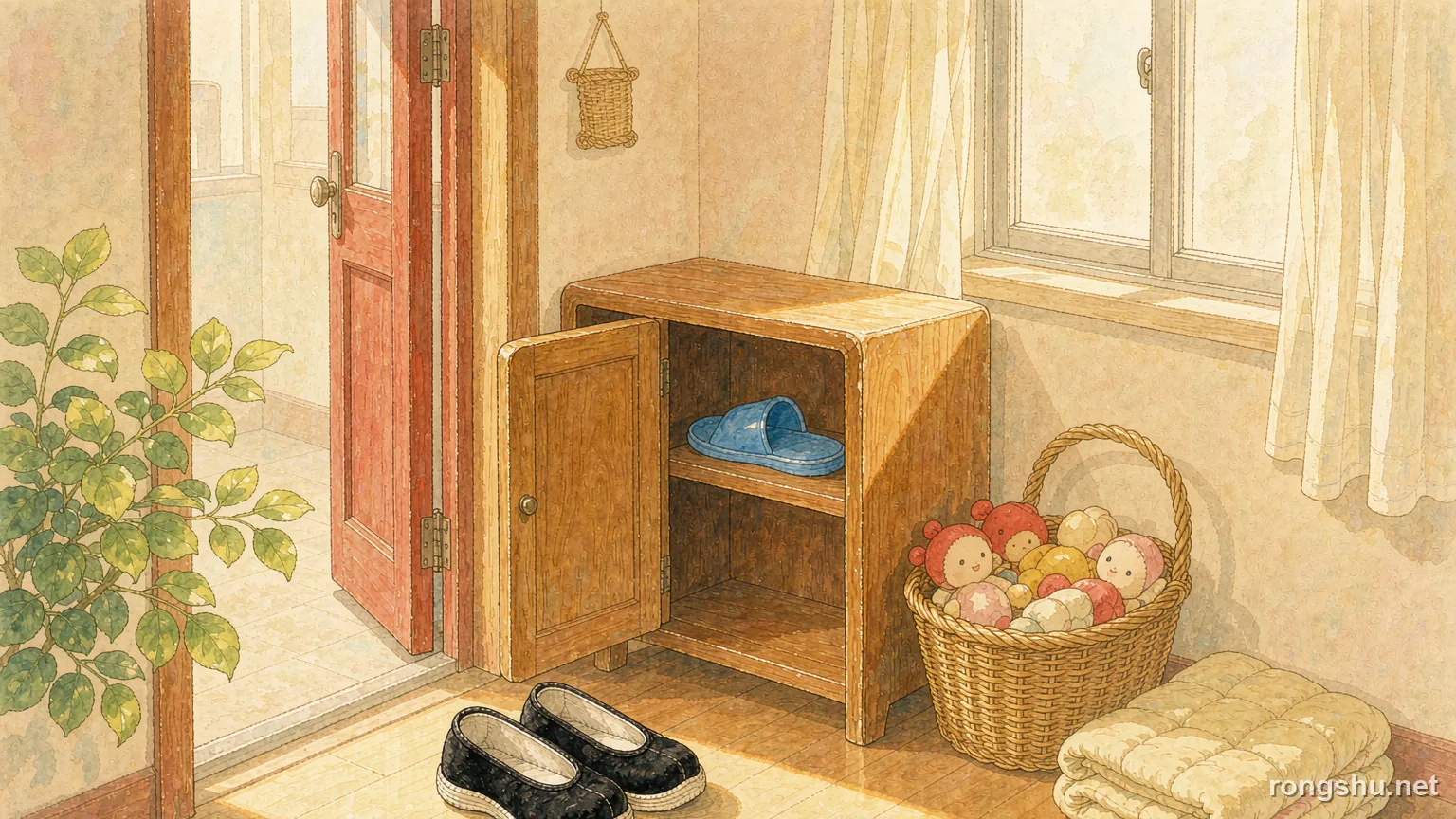 Handmade black cloth shoes on a warm wooden floor of a small bright city flat, a blue slipper in the shoe cabinet, a basket of toys and sunlight - Chinese life story illustration