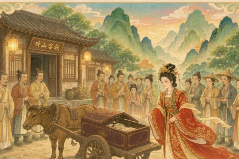 At the foot of a green mountain, an ox-drawn cart carrying a coffin stands still before a roadside inn, and a young woman in bright wedding robes steps toward the open coffin while villagers watch, under warm golden light - illustration for the Chinese ghost story The Coffin That Opened for a Song