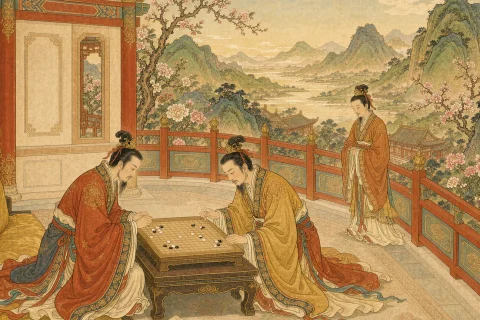 Two scholars in warm robes playing Go on a bright garden terrace of a mountain villa, a folded letter and a waiting messenger nearby, and sunlit hills beyond the railing - illustration for the Chinese idiom dong shan zai qi