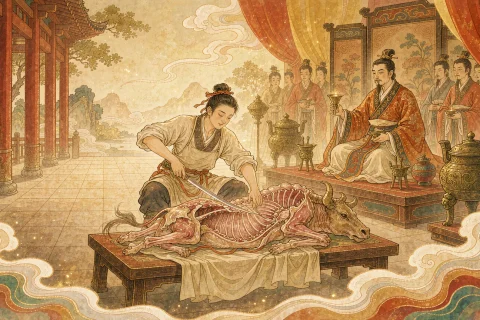 A master cook in a bright Chinese courtyard crouching beside a great ox, his thin knife gliding along the natural seams while a noble lord watches from a low platform - illustration for the Chinese idiom pao ding jie niu