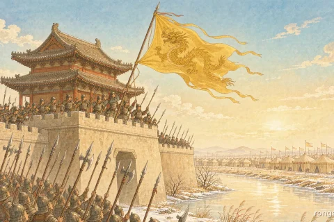 Illustration for a Chinese history story: a Song gate tower on a winter river town raising a great yellow dragon banner, soldiers with spears below, a frozen river and a vast enemy camp of tents on the far bank under warm sunlight