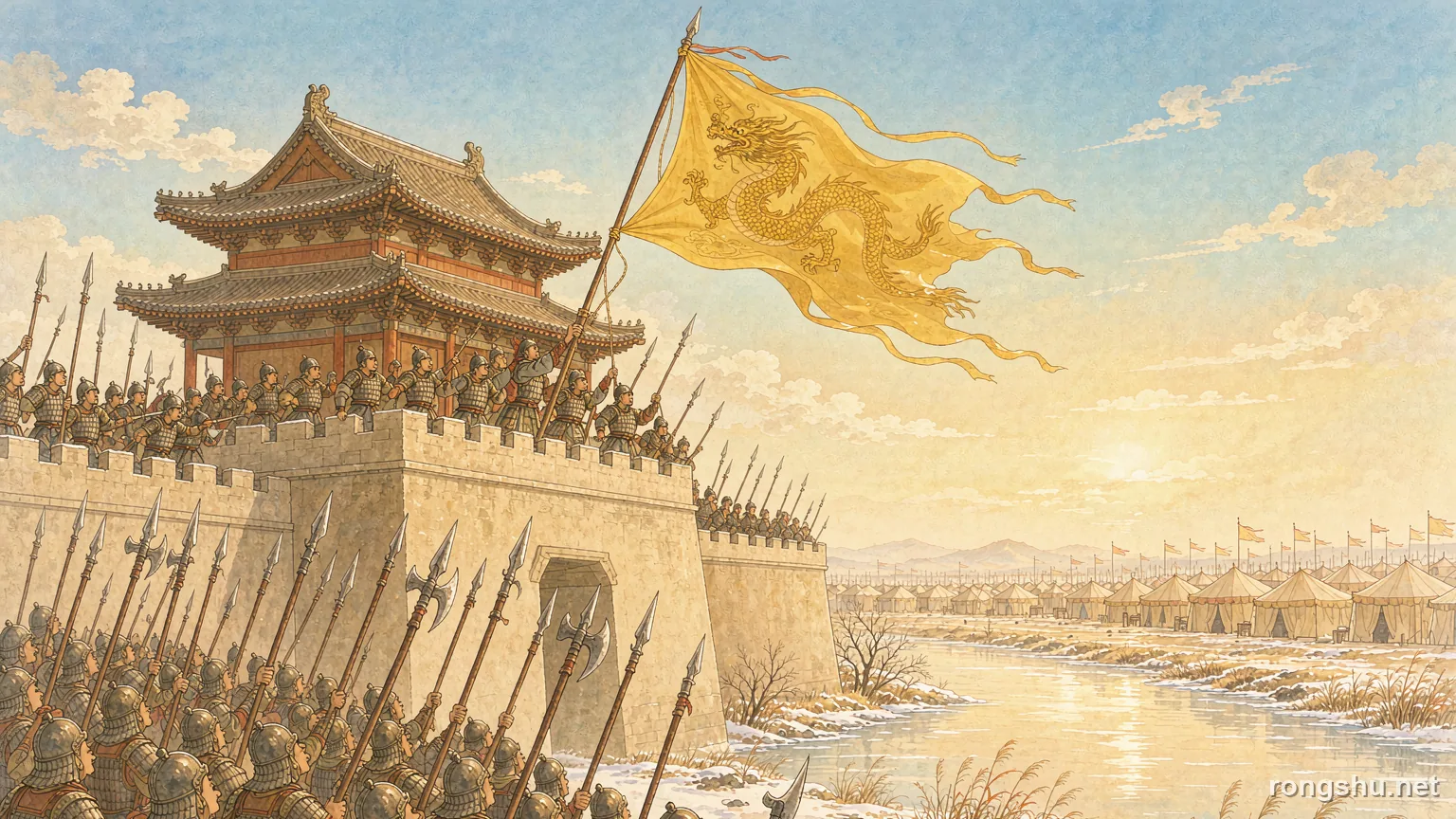 A Song gate tower raising a great yellow dragon banner above a winter river town, soldiers with spears below, a frozen river and an enemy camp on the far bank - Chinese history illustration
