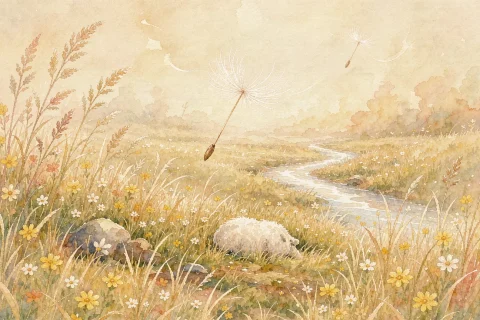 A single dandelion seed with a fluffy white parachute drifting on a gentle breeze over a sunny field of tall grass and small yellow flowers, with a low stone, a sleeping white sheep and a winding river below, in warm afternoon light - Chinese bedtime story illustration
