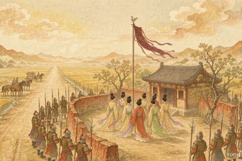 Illustration for a Chinese history story: a ring of armored Tang imperial guards with spears and halberds outside the low earthen wall of a small post station at noon, court figures in flowing robes standing still inside the courtyard, a long road running west into warm golden fields