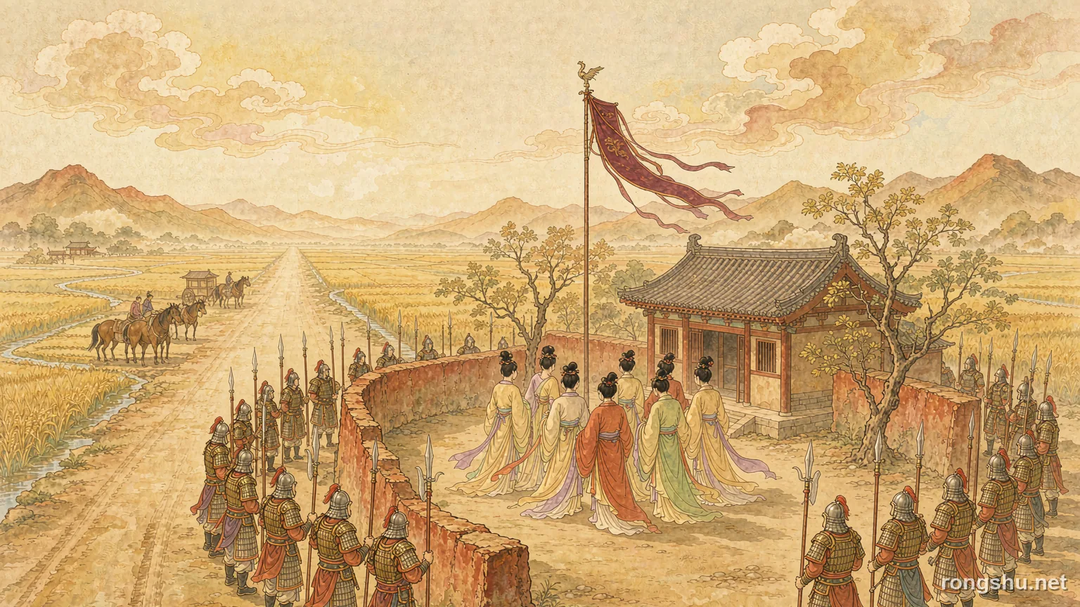 A ring of Tang imperial guards outside a small post station at noon, court figures in flowing robes inside the courtyard, a road running west into golden fields - Chinese history illustration