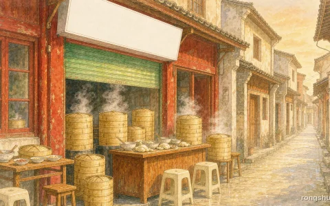 Illustration for a Chinese life story: a small breakfast shop with a green metal shutter and a blank white signboard, tall stacks of bamboo steamers with steam rising, a wooden counter, two plastic stools and a low stool on a wet county-town lane in warm morning light, no people