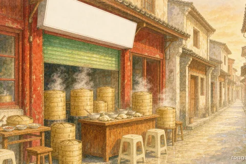 Illustration for a Chinese life story: a small breakfast shop with a green metal shutter and a blank white signboard, tall stacks of bamboo steamers with steam rising, a wooden counter, two plastic stools and a low stool on a wet county-town lane in warm morning light, no people