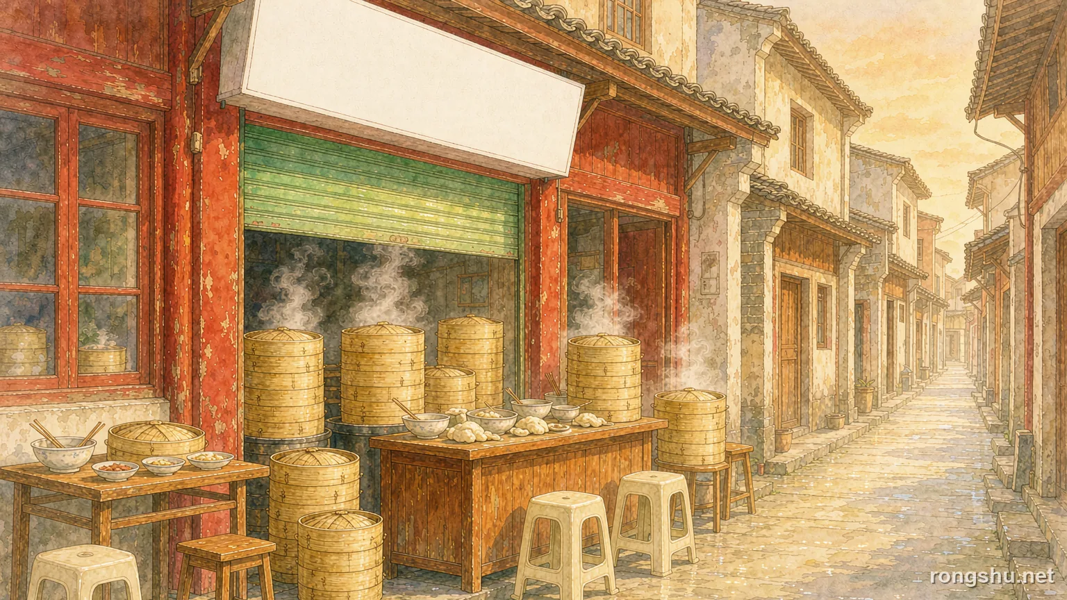 A small breakfast shop with a green shutter and steaming bamboo steamers on a warm county-town street - Chinese life story illustration