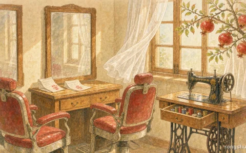 Illustration for a Chinese life story: a sunlit small-town hair salon with two barber chairs, an old mirror, a folded bank deposit slip and a handwritten loan note with a red thumbprint on the counter, and a treadle sewing machine with its drawer open, pomegranates at the window, morning light, no people