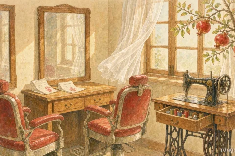 Illustration for a Chinese life story: a sunlit small-town hair salon with two barber chairs, an old mirror, a folded bank deposit slip and a handwritten loan note with a red thumbprint on the counter, and a treadle sewing machine with its drawer open, pomegranates at the window, morning light, no people