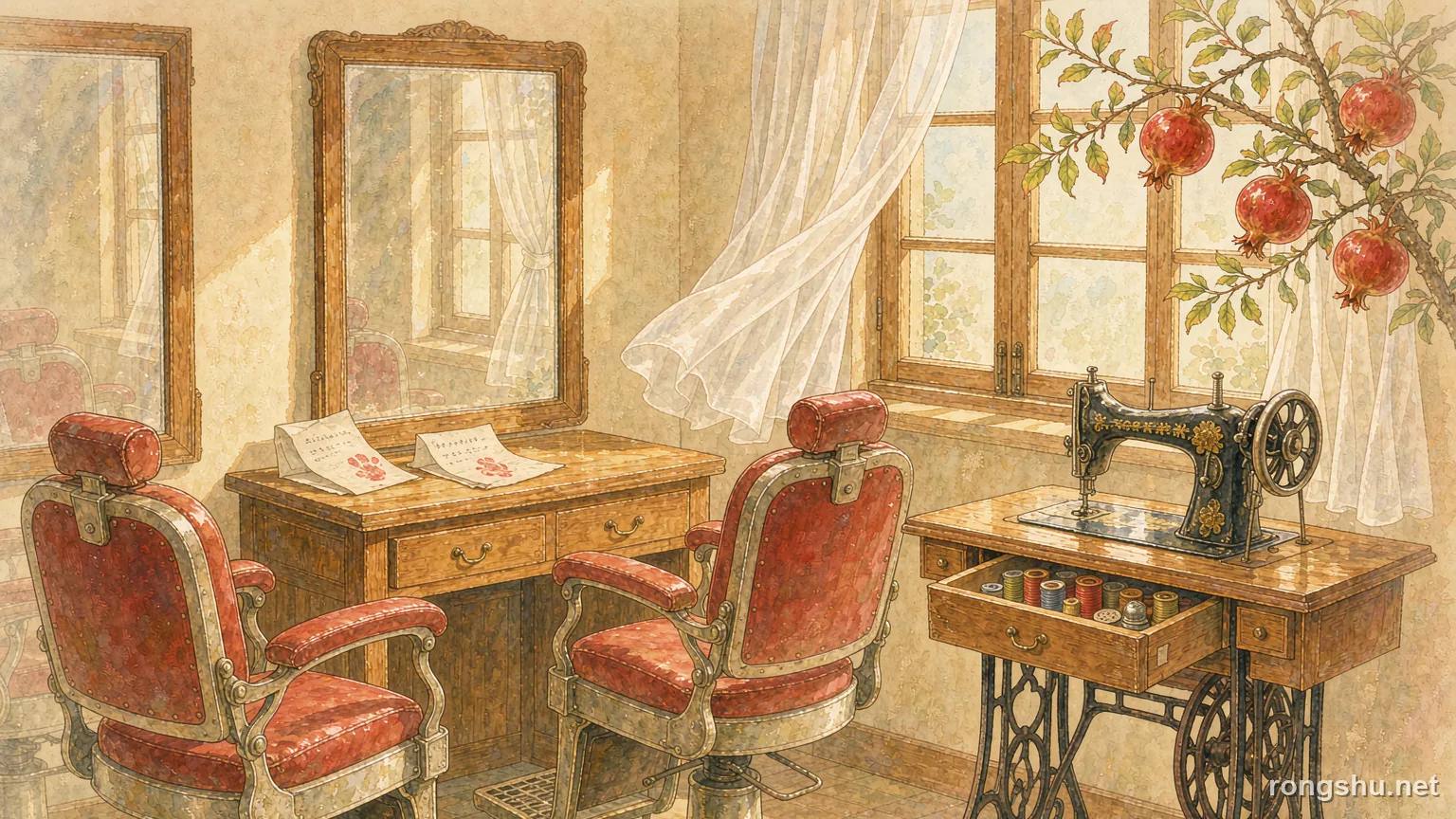 A bright small-town Chinese hair salon with two barber chairs, a folded deposit slip and a loan note with a red thumbprint - Chinese life story illustration