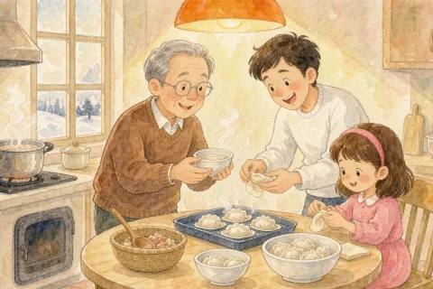 A warm Chinese family folding white dumplings around a table with a steaming pot and a big bowl of dumplings under an orange lamp - Chinese bedtime story illustration