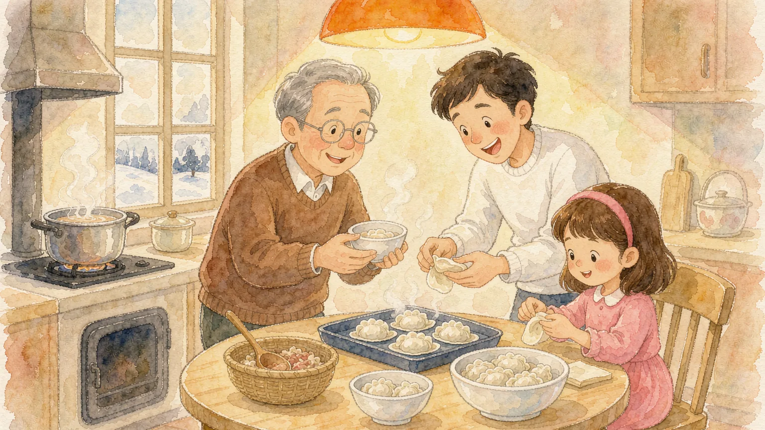 A warm Chinese family folding white dumplings around a table with a steaming pot under an orange lamp - Chinese bedtime story illustration